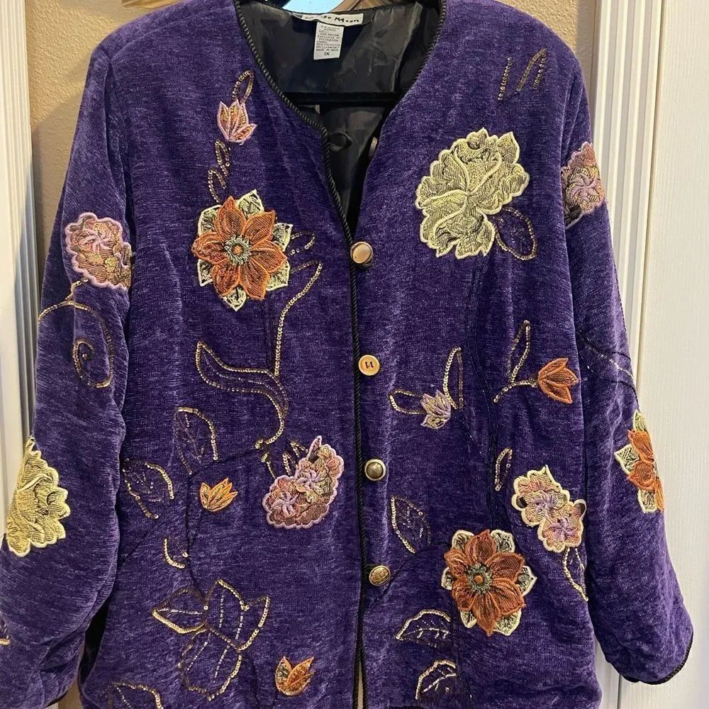 Indigo Moon Deep Purple Velvet Sequin Women’s Embroidered Button Up Jacket 1X